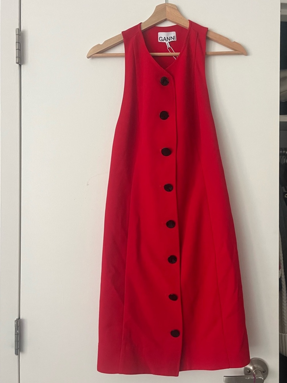 Ganni Red Sleeveless Button-Front A-Line Dress with Black Buttons